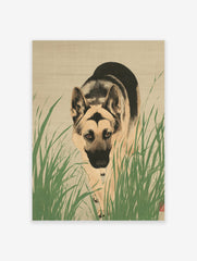 Japanese style illustration of a German Shepherd dog partially hidden by green grass, looking directly at the viewer.