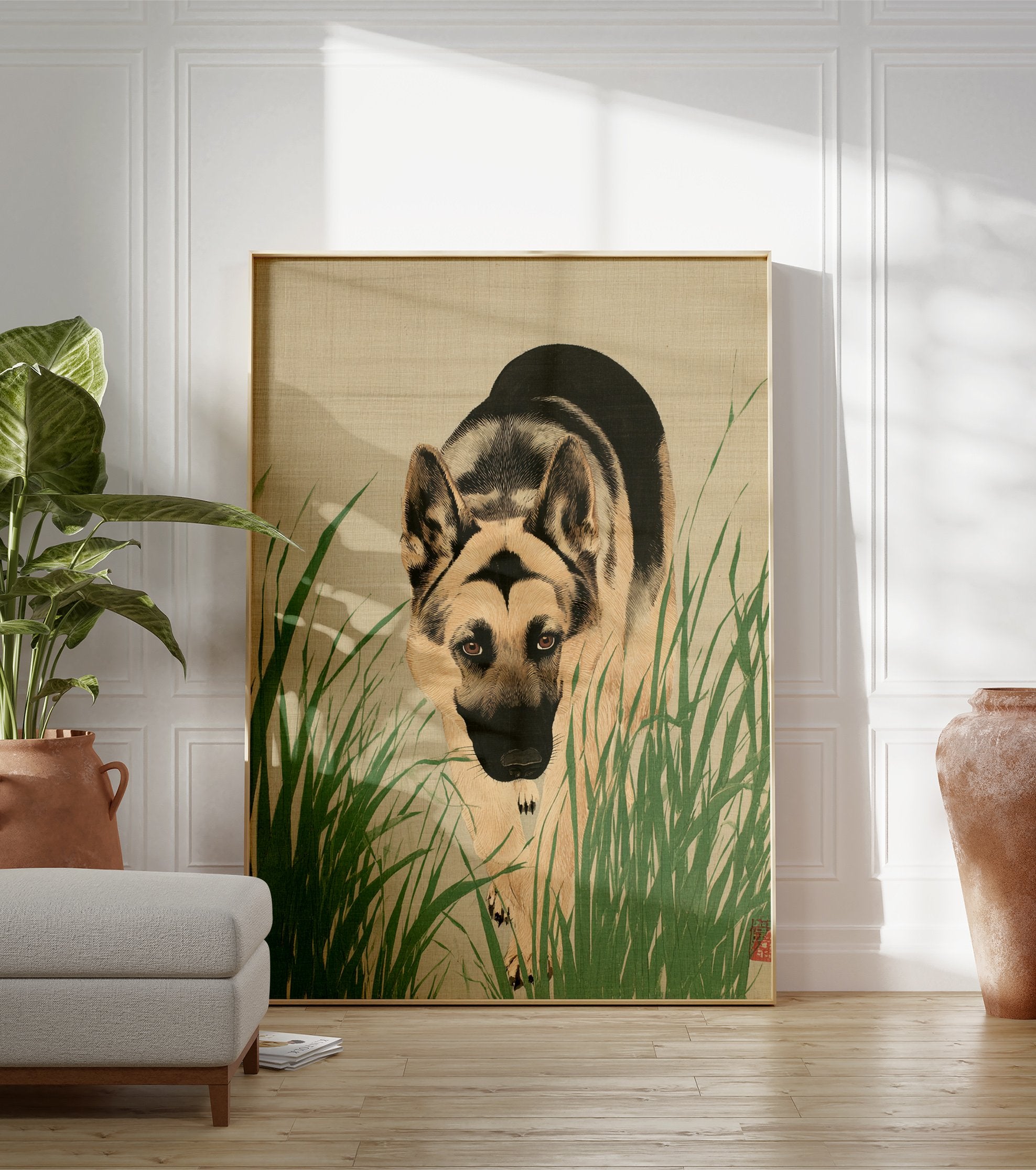 Japanese style illustration of a German Shepherd dog partially hidden by green grass, looking directly at the viewer. - Image 3