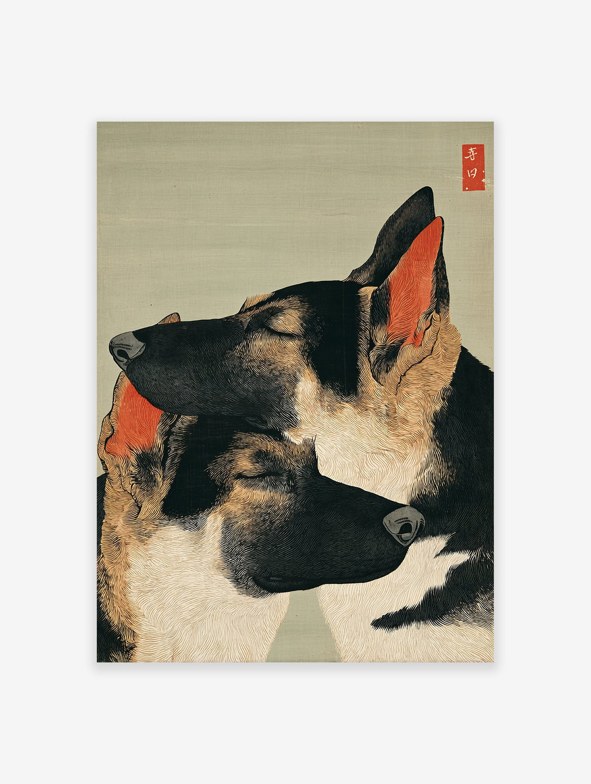 Ukiyo-e style German Shepherd wall art print featuring two sleeping dogs with red ears and Japanese seal on a green background.