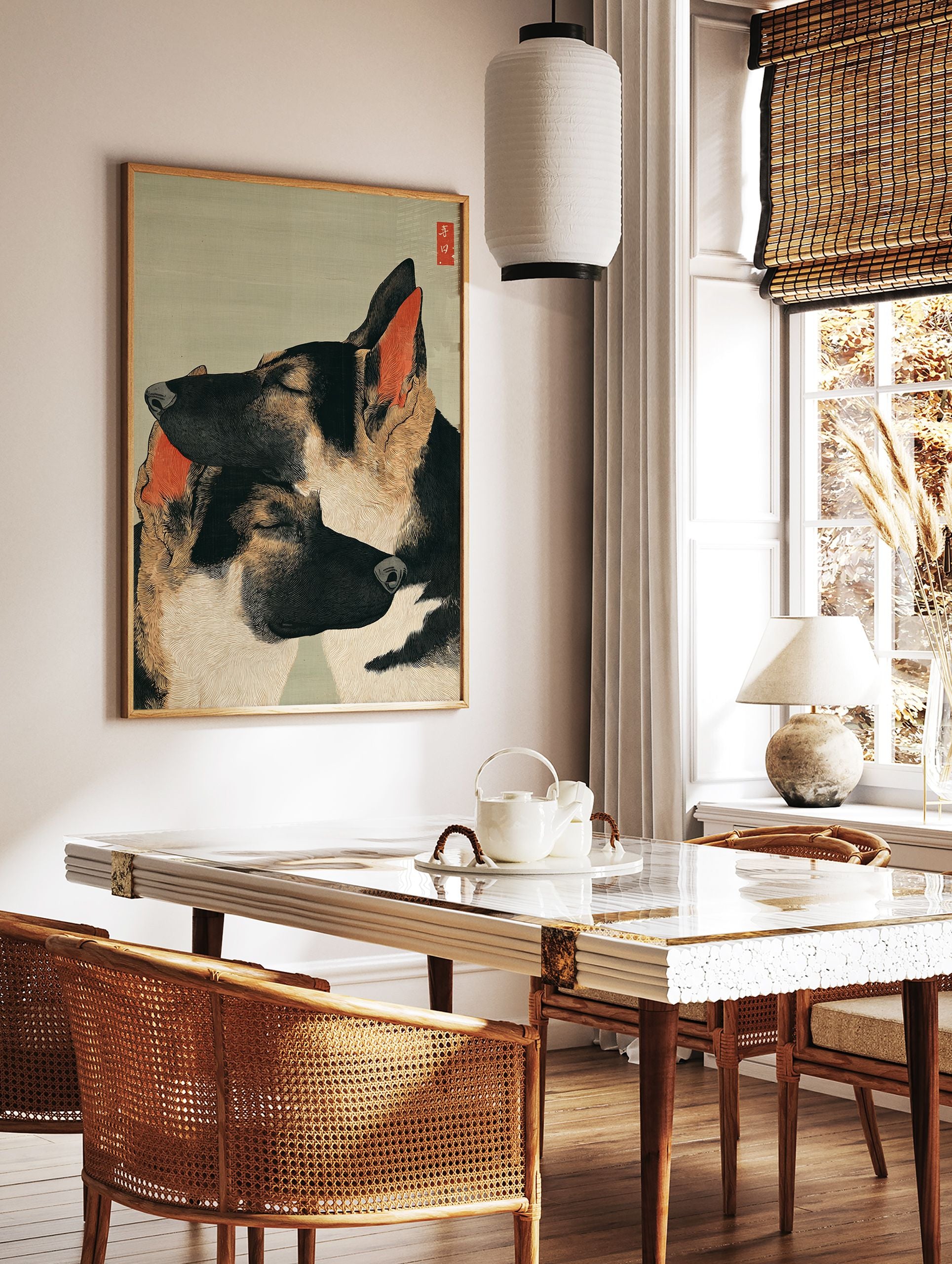 Ukiyo-e style German Shepherd wall art print featuring two sleeping dogs with red ears and Japanese seal on a green background. - Image 2