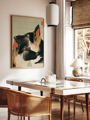 Ukiyo-e style German Shepherd wall art print featuring two sleeping dogs with red ears and Japanese seal on a green background. - Image 2