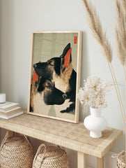 Ukiyo-e style German Shepherd wall art print featuring two sleeping dogs with red ears and Japanese seal on a green background. - Image 3