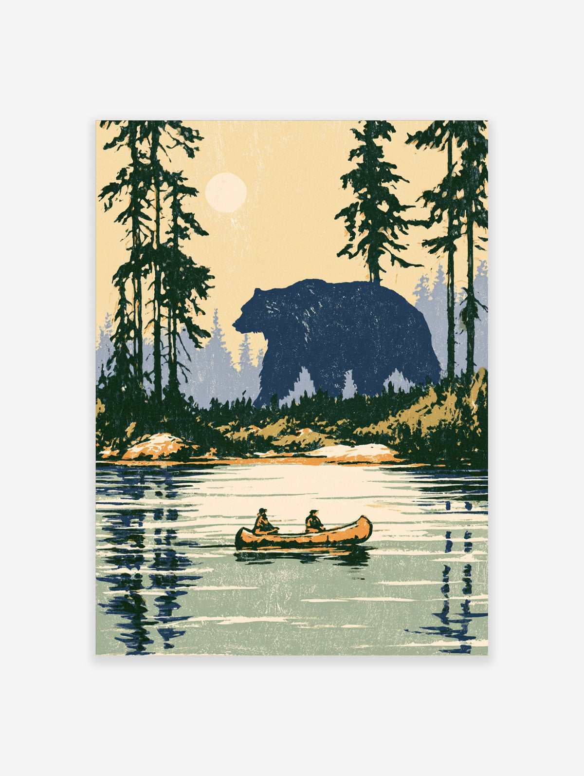 Giant bear silhouette art print with canoe on lake, pine trees, and pale yellow sky