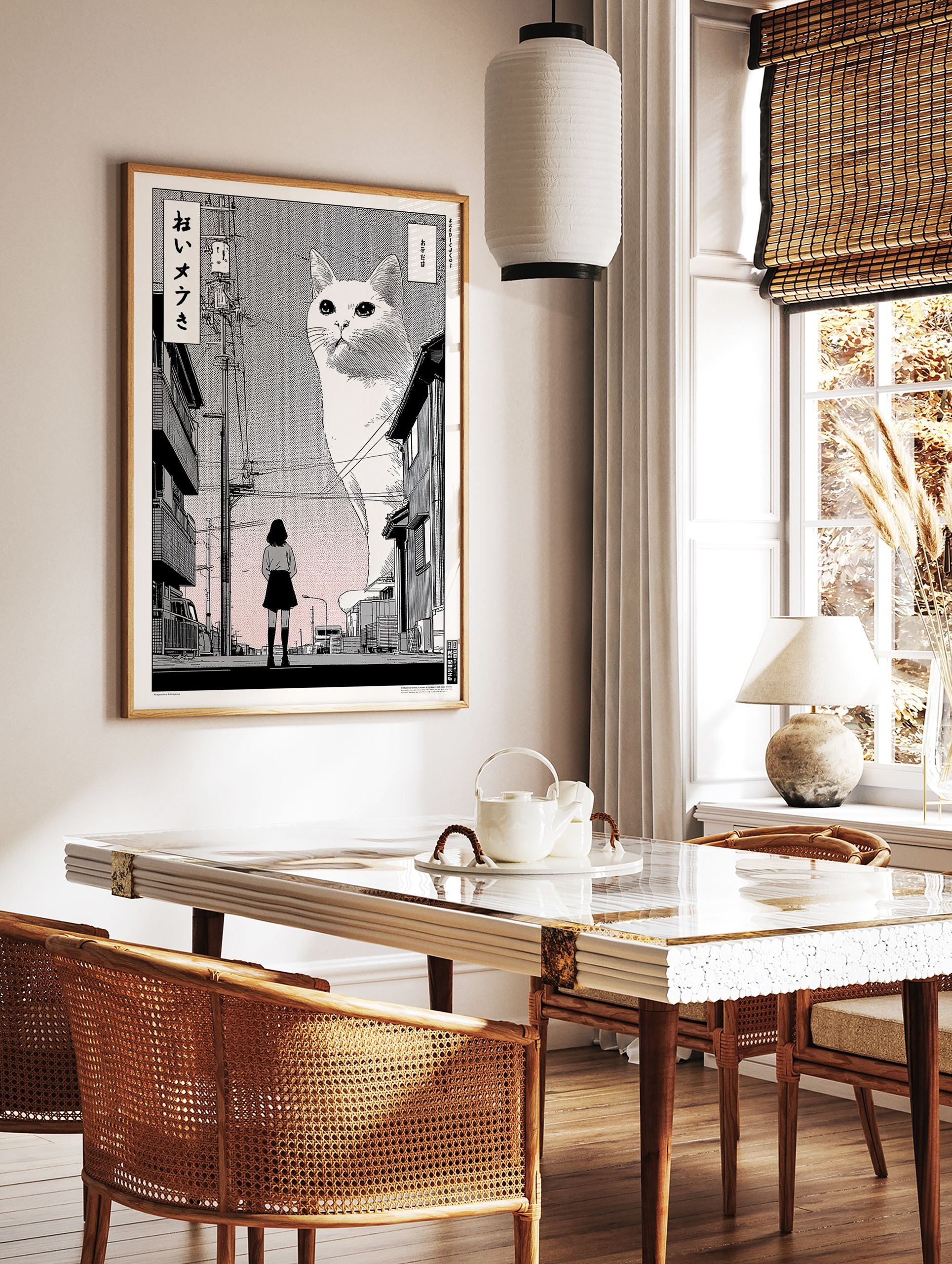 Giant cat Japanese street poster showing a girl looking at a huge white cat towering over buildings in manga style. - Image 2