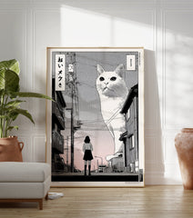 Giant cat Japanese street poster showing a girl looking at a huge white cat towering over buildings in manga style. - Image 3