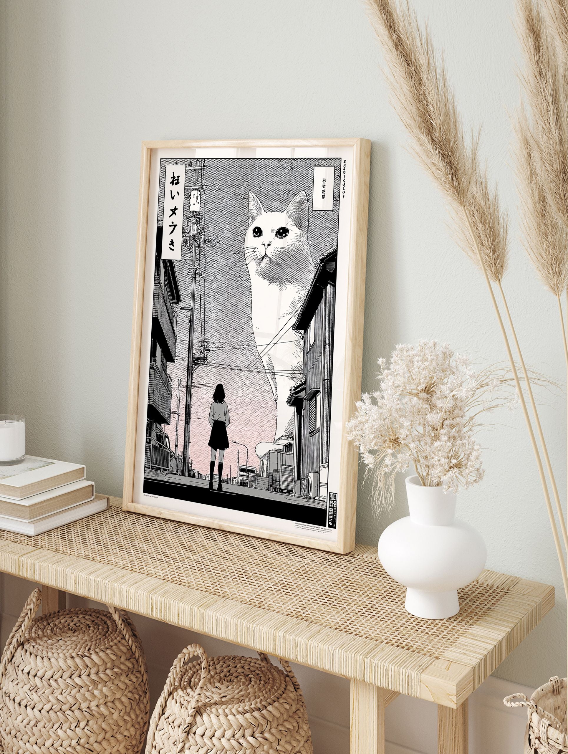 Giant cat Japanese street poster showing a girl looking at a huge white cat towering over buildings in manga style. - Image 4