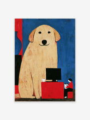 Illustrated wall art of a giant tan dog sitting beside a person at a red computer desk against a blue background
