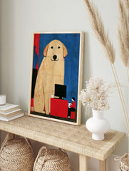 Illustrated wall art of a giant tan dog sitting beside a person at a red computer desk, in an alternate framed mockup