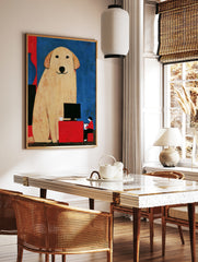 Illustrated wall art of a giant tan dog sitting beside a person at a red computer desk against a, in a styled room mockup