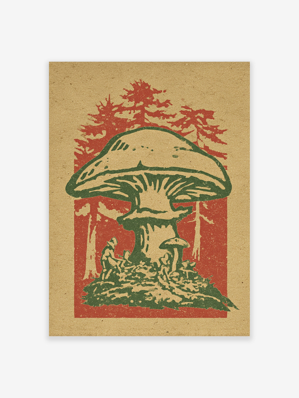 Vintage-style giant mushroom art print with tiny figures and red pine trees on beige paper