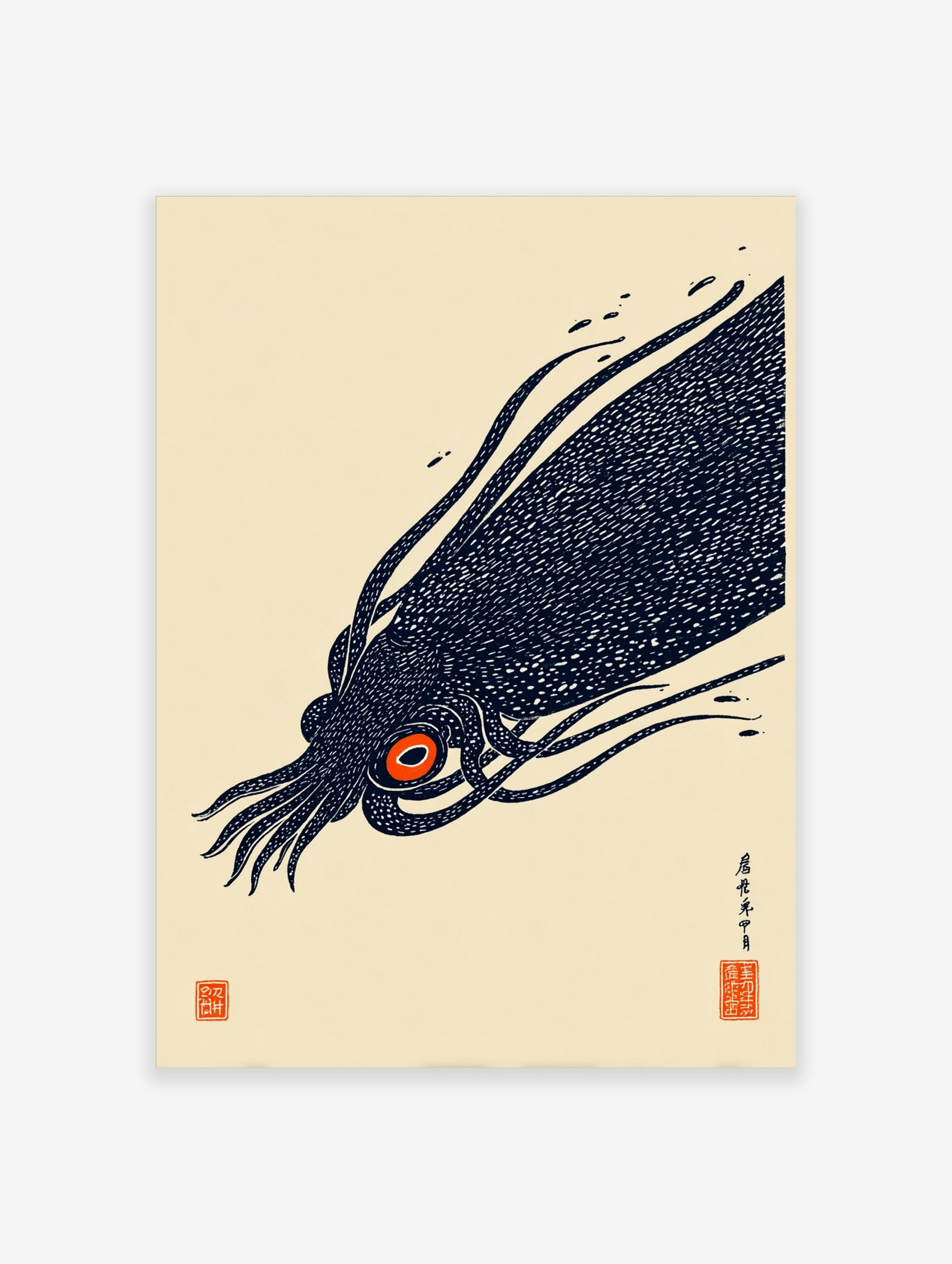 Illustrative print of a dark navy giant squid with a bright orange eye, featuring Japanese text and seals