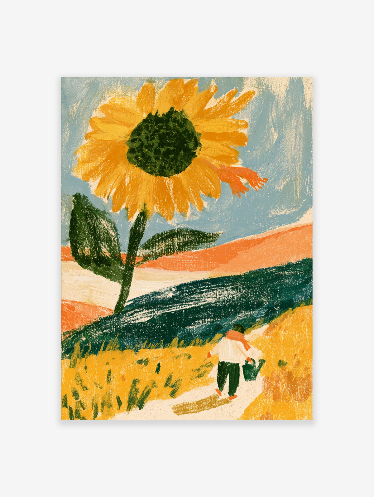 Giant sunflower poster with child carrying watering can through yellow fields and blue sky