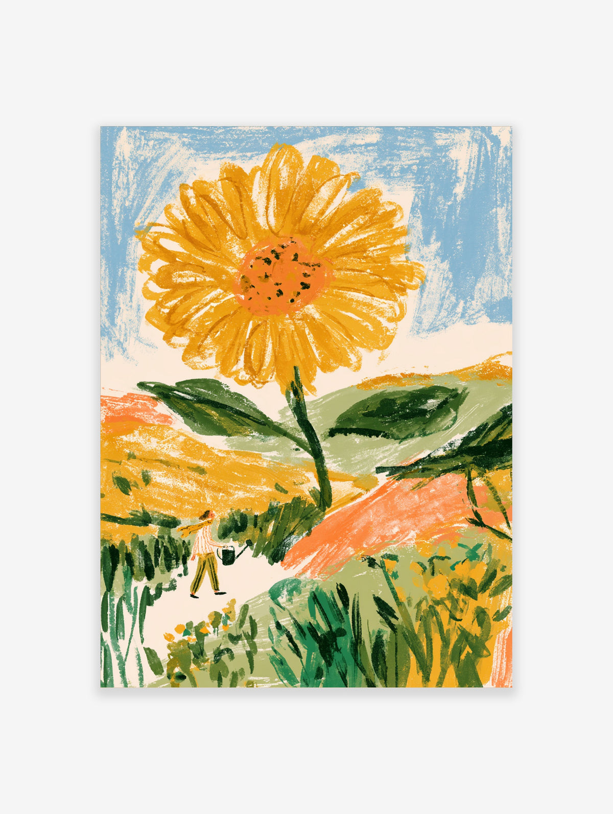 Giant sunflower illustration with tiny gardener watering plants, green leaves, and blue sky