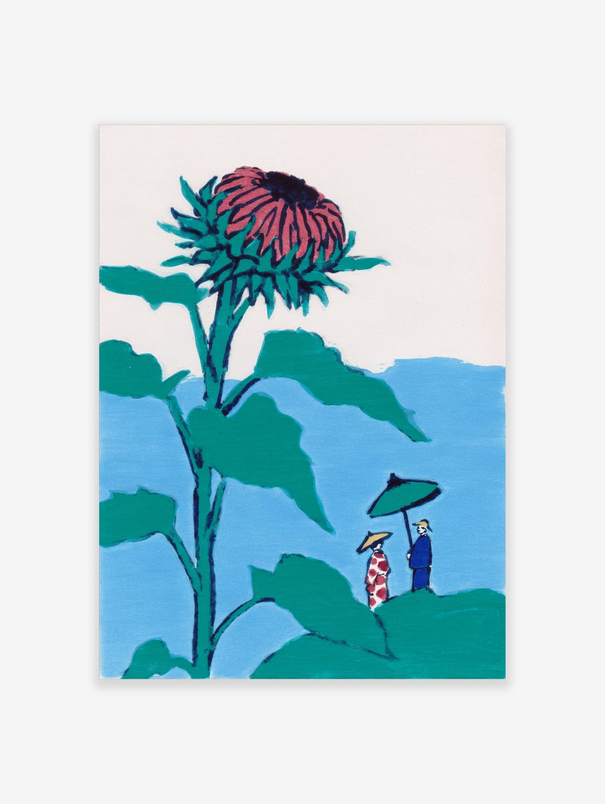 Illustrative print of a giant teal and pink thistle flower towering over two small figures with an umbrella