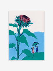 Illustrative print of a giant teal and pink thistle flower towering over two small figures with an umbrella