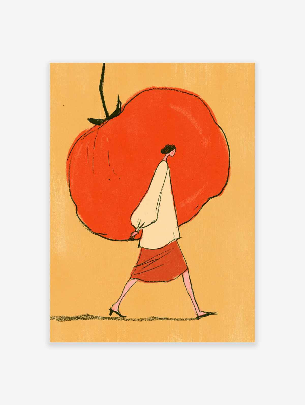 Surreal art print of a woman walking while carrying a giant red tomato on her back against a yellow background