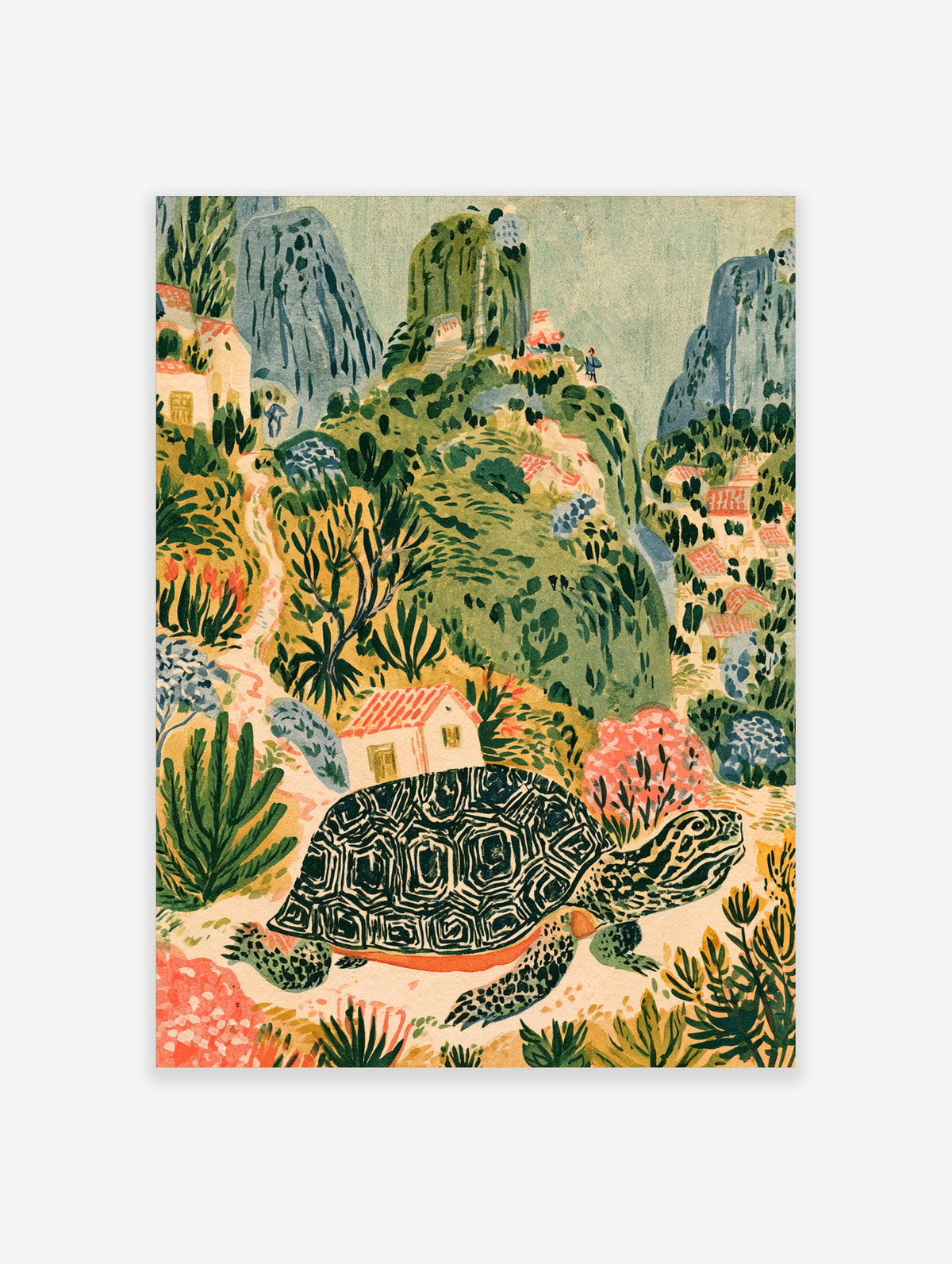 Giant tortoise with patterned shell in a colourful landscape with hills, villas, and cacti
