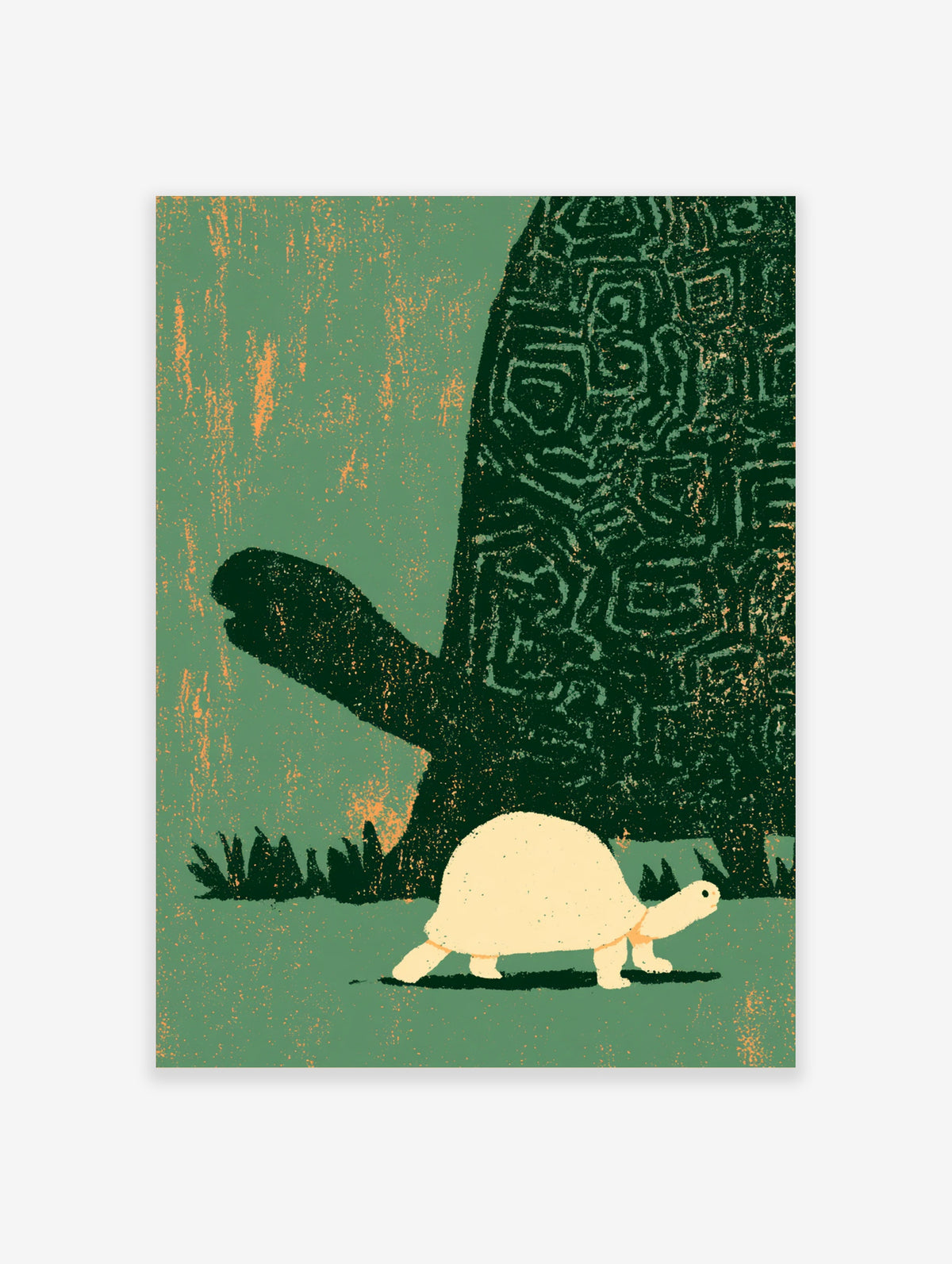 Giant tortoise with patterned shell and small pale tortoise in green animal art print