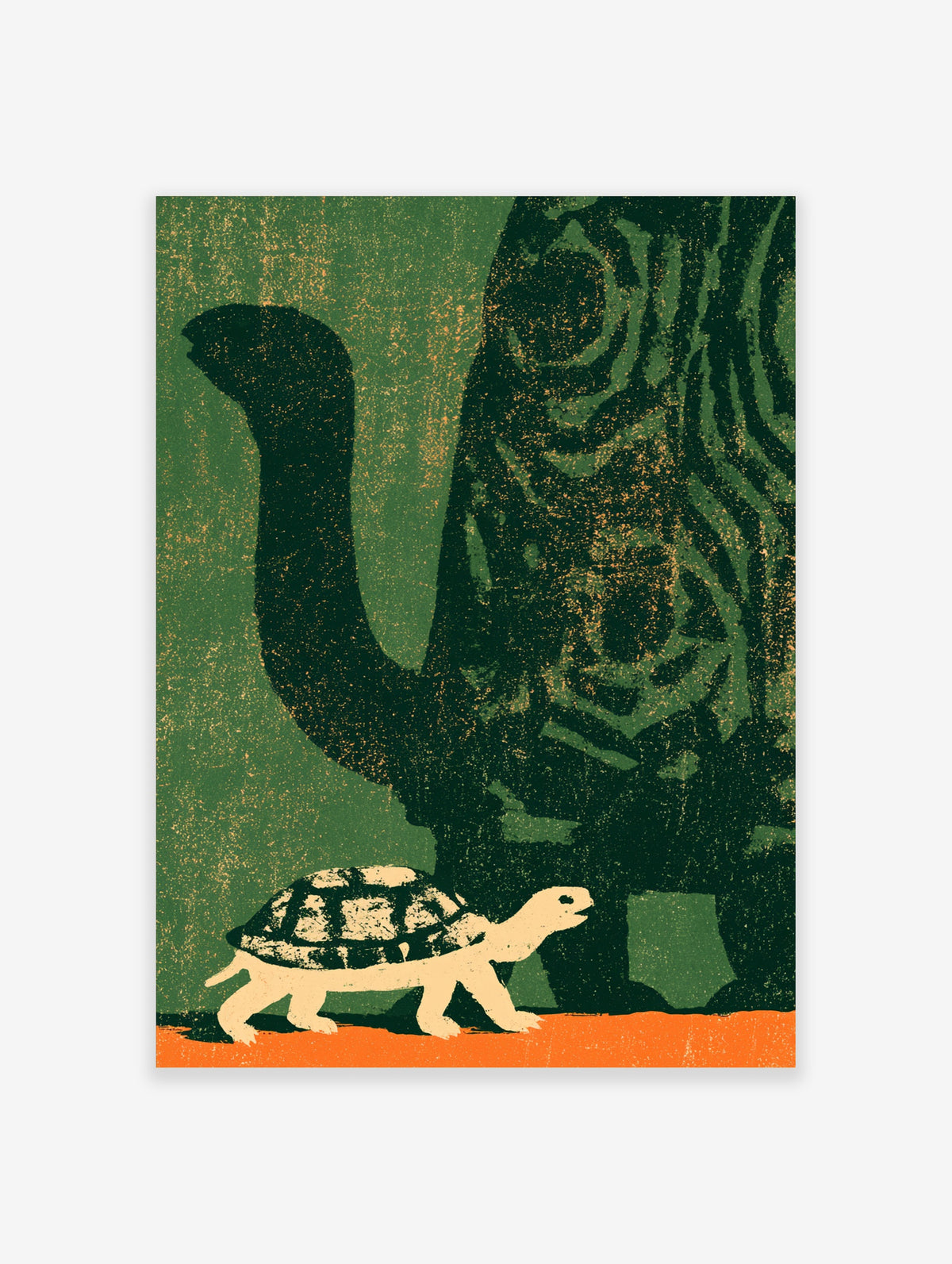 Giant dark green tortoise silhouette with small cream turtle on orange base, animal poster print