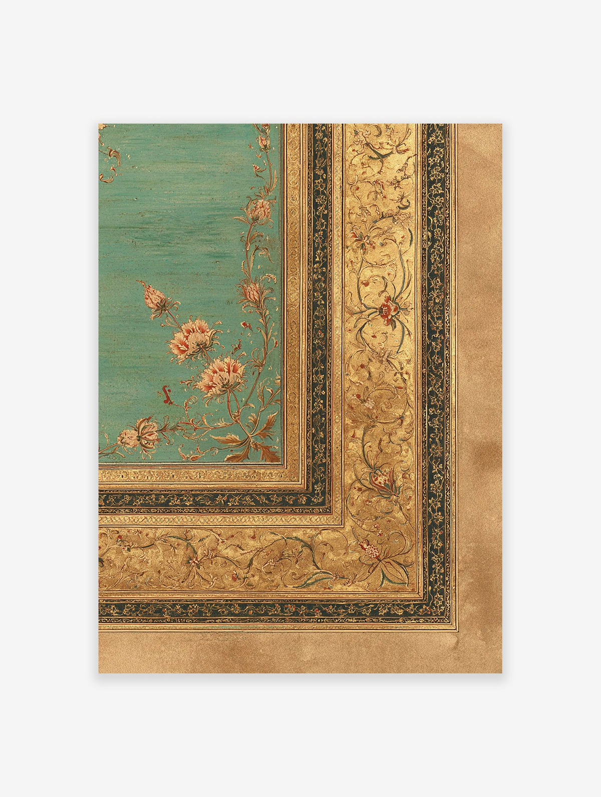 Gilded floral wall art with ornate botanical patterns in gold and pink on a teal background, featuring a decorative border.