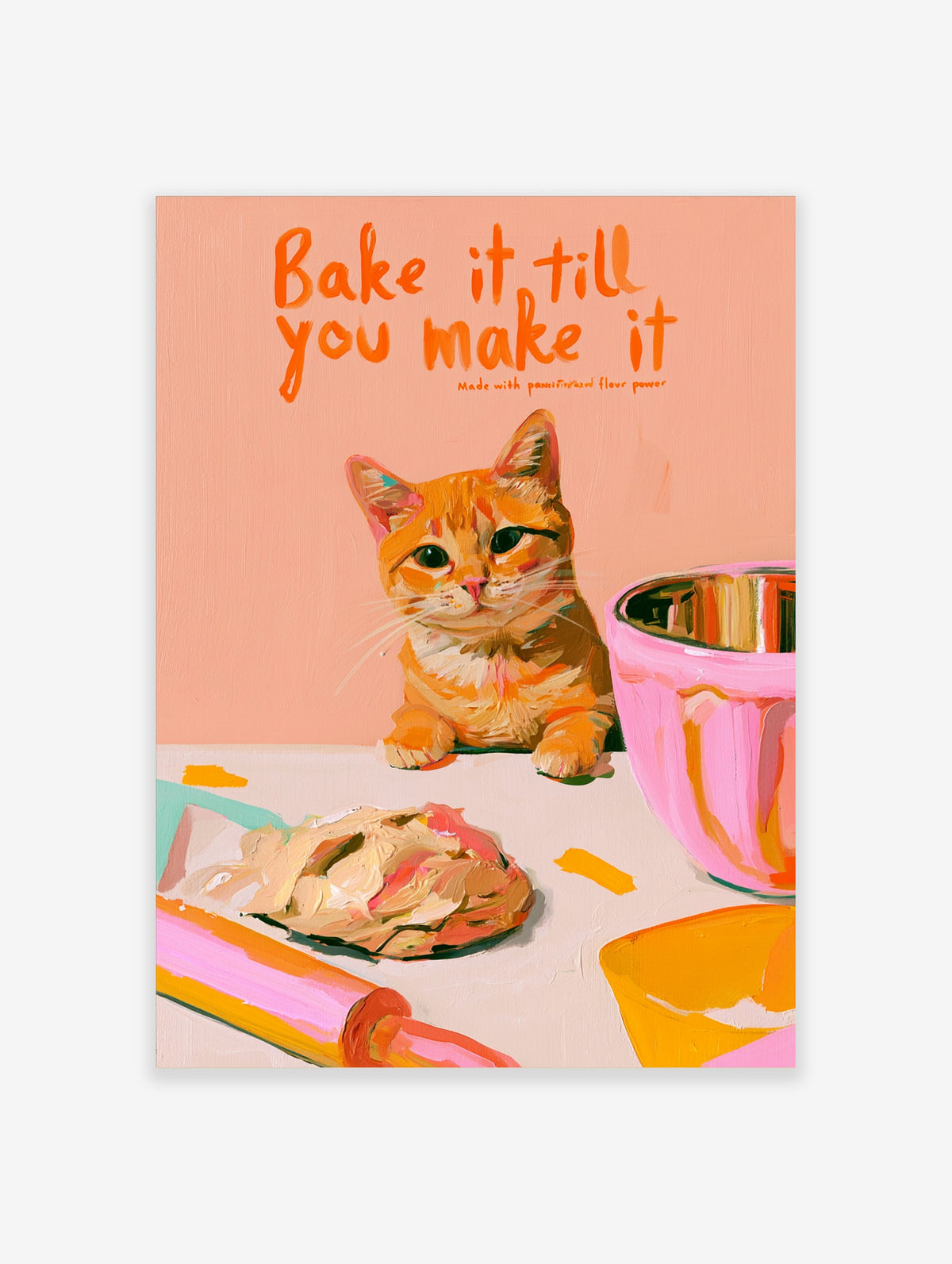 Ginger cat baking poster with orange text and pink mixing bowl on peach background