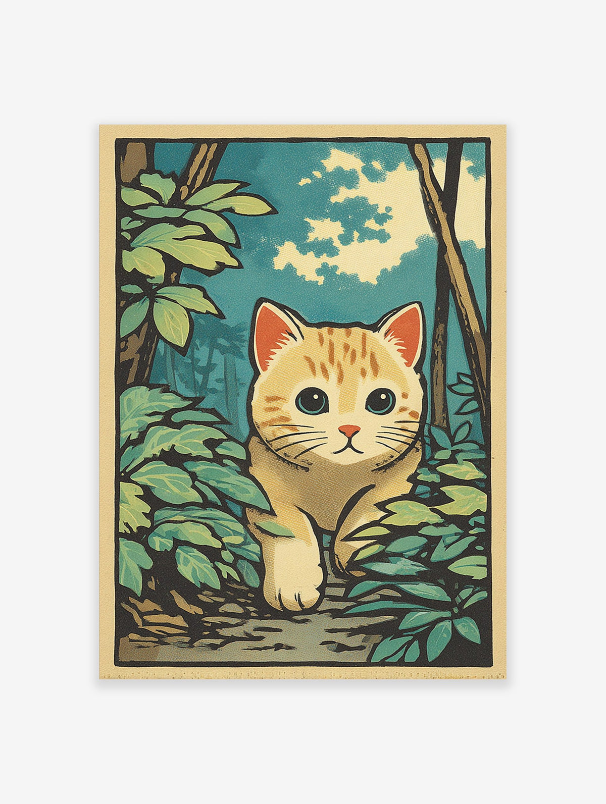 Illustrative ginger cat with blue eyes peeking from green forest foliage under a blue sky, Ukiyo-e style
