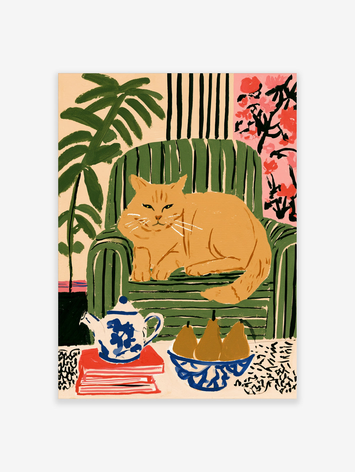 Ginger cat on green striped armchair with teapot and pears, colourful animal poster