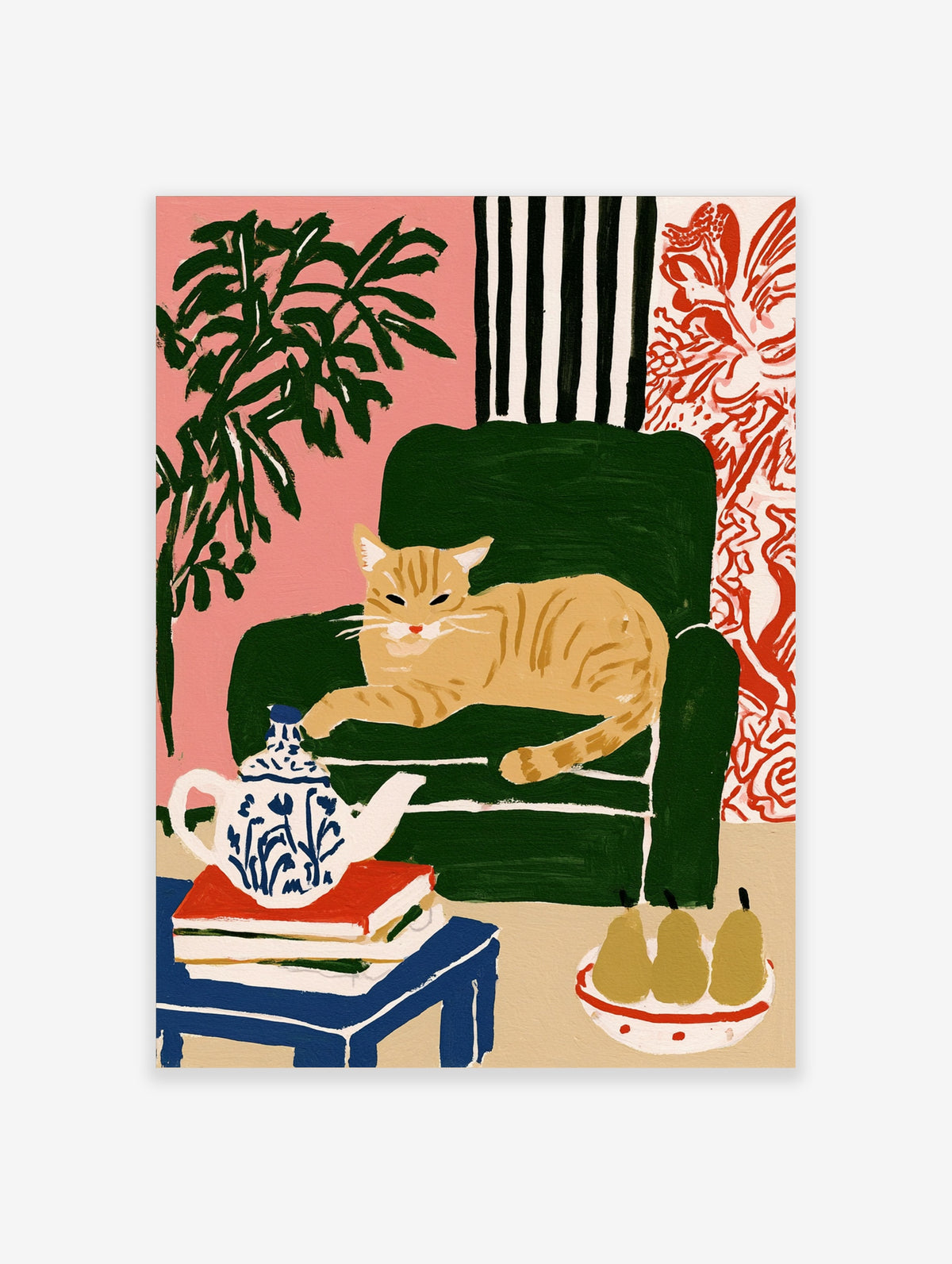 Ginger cat on green armchair with teapot and pears, colourful animal poster