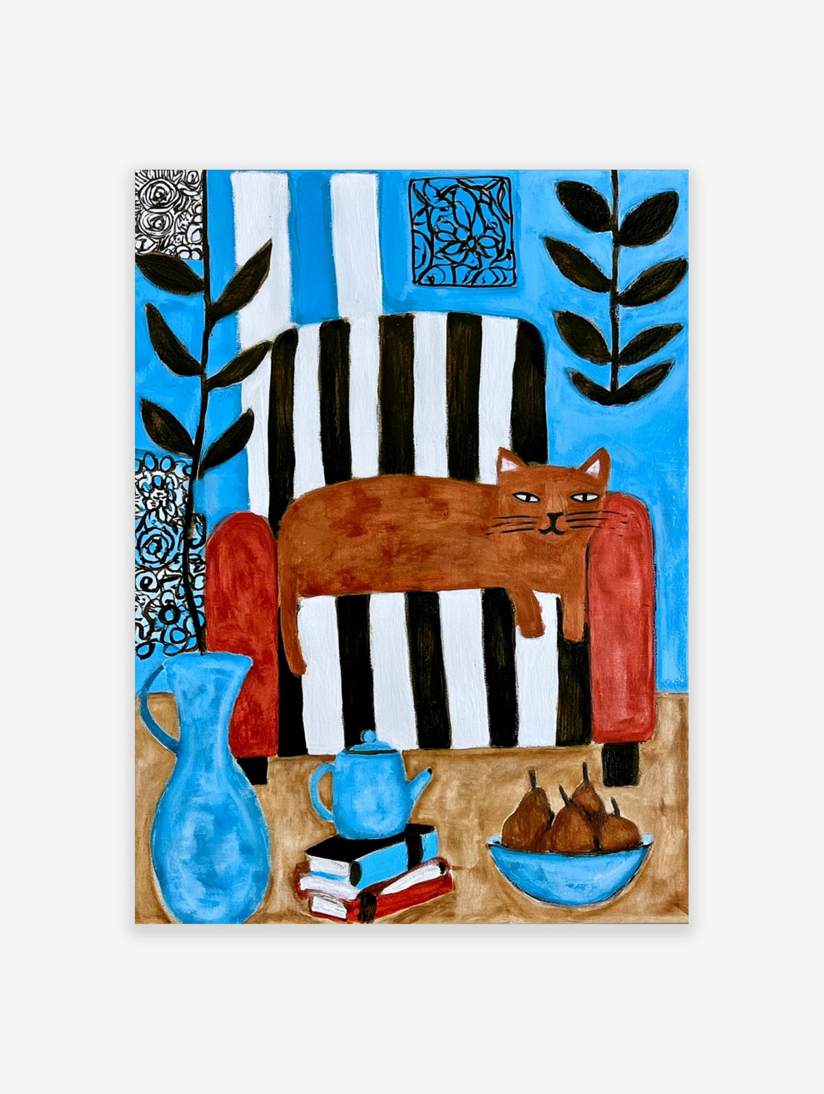 Ginger cat on a black and white striped chair with blue jug, teapot, books, and pears in a colourful still life print