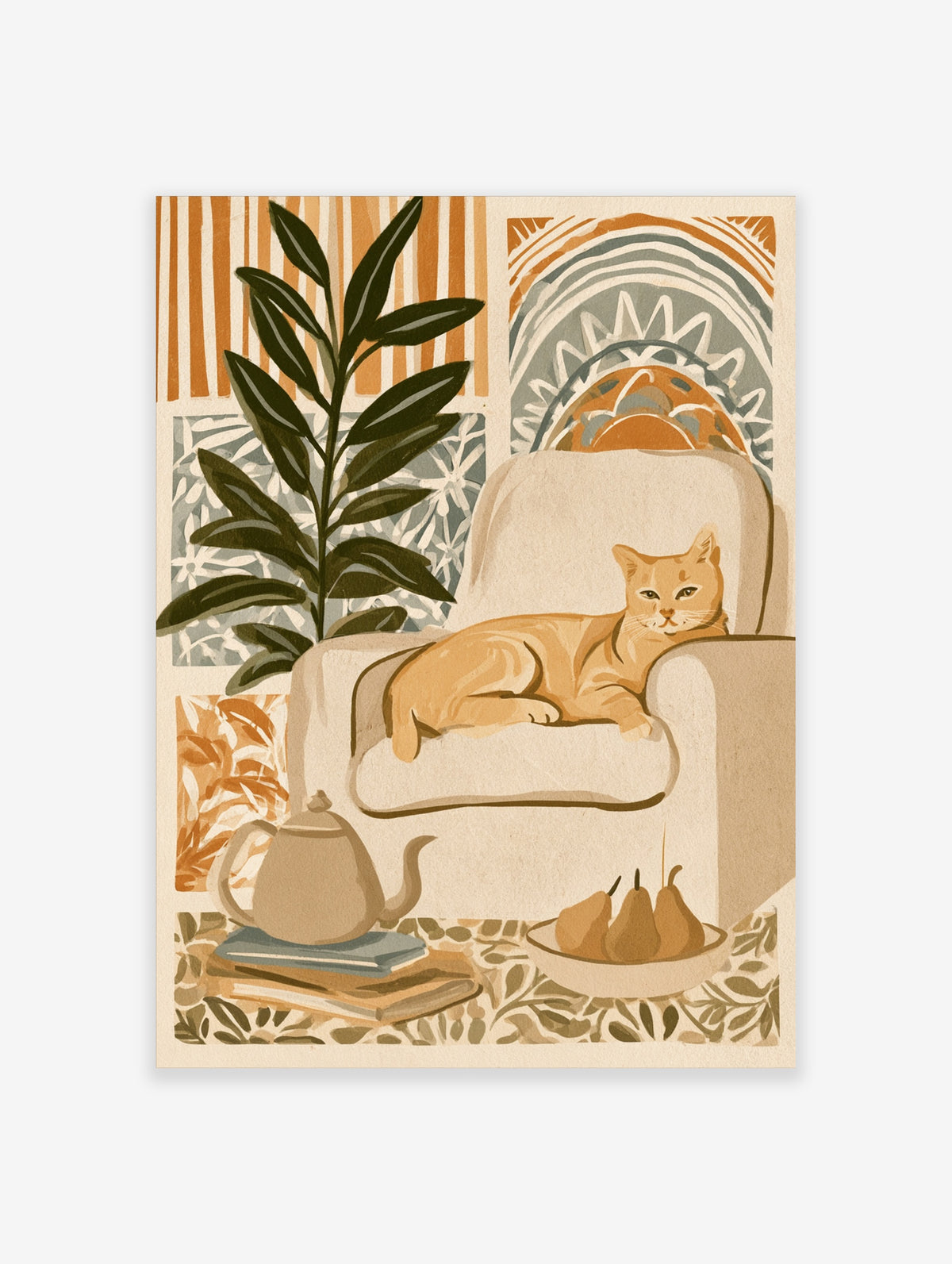 Ginger cat on cream armchair with teapot, pears and plant, warm beige and orange illustration