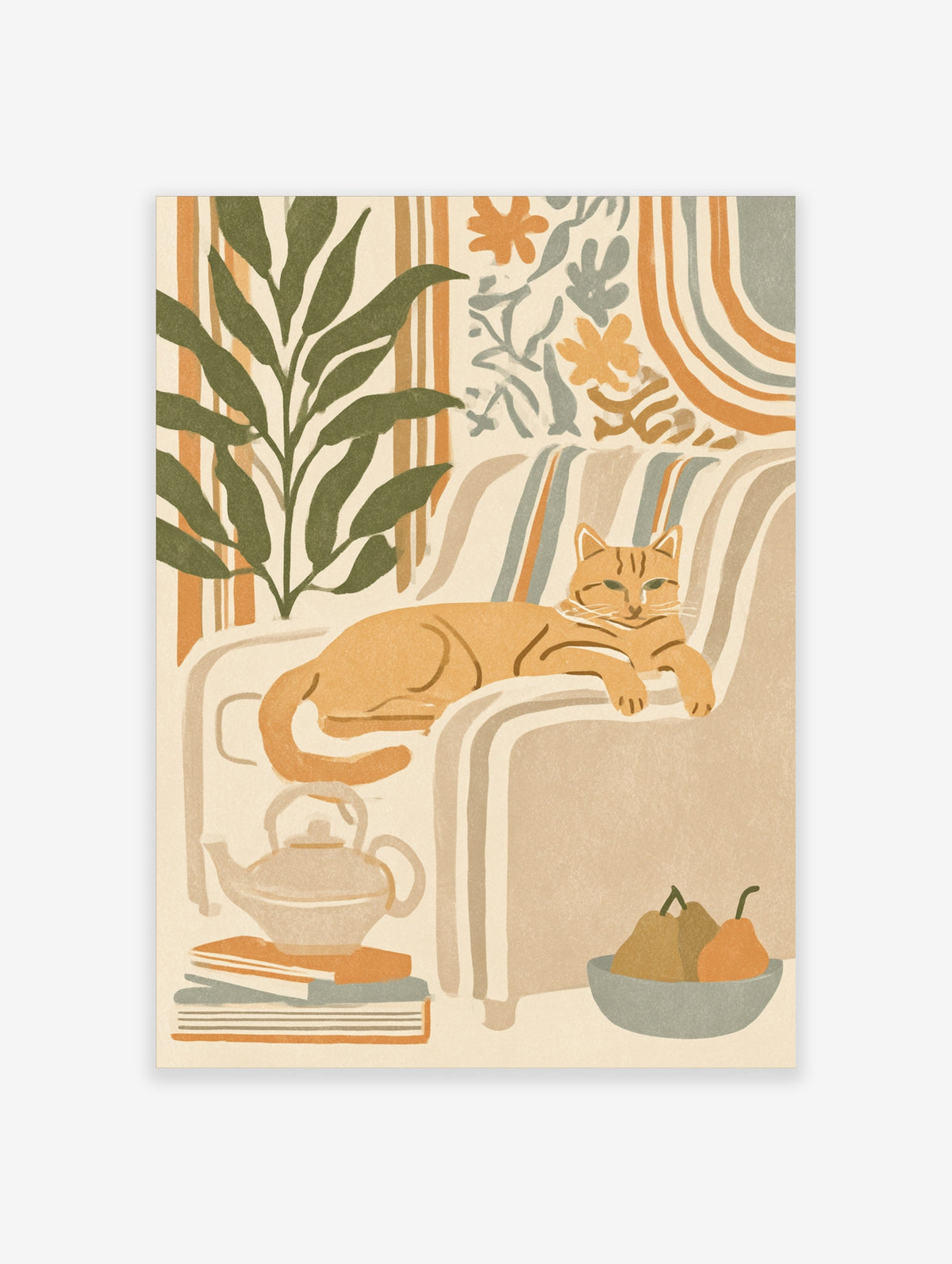 Ginger cat lying on striped sofa beside plant, teapot and pears in cosy interior illustration