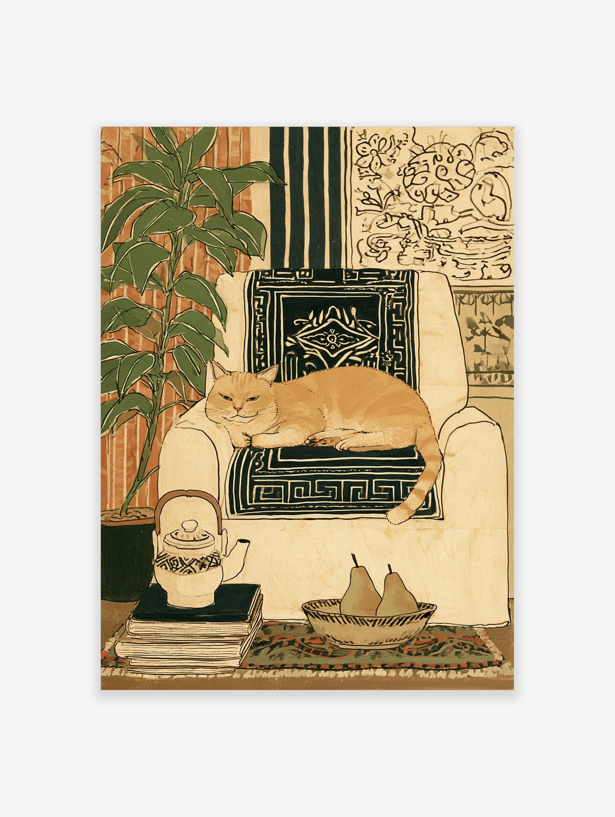 Ginger cat sleeping on patterned armchair beside rubber plant, teapot and pears illustration