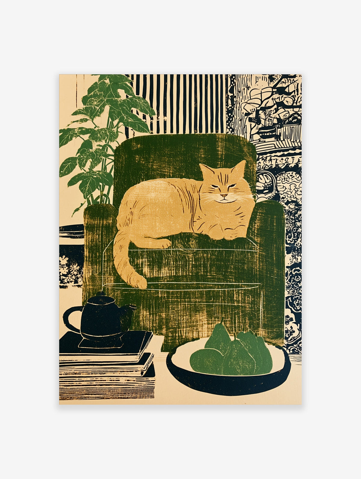 Ginger cat on green armchair with plant, teapot and fruit in illustrated wall art print
