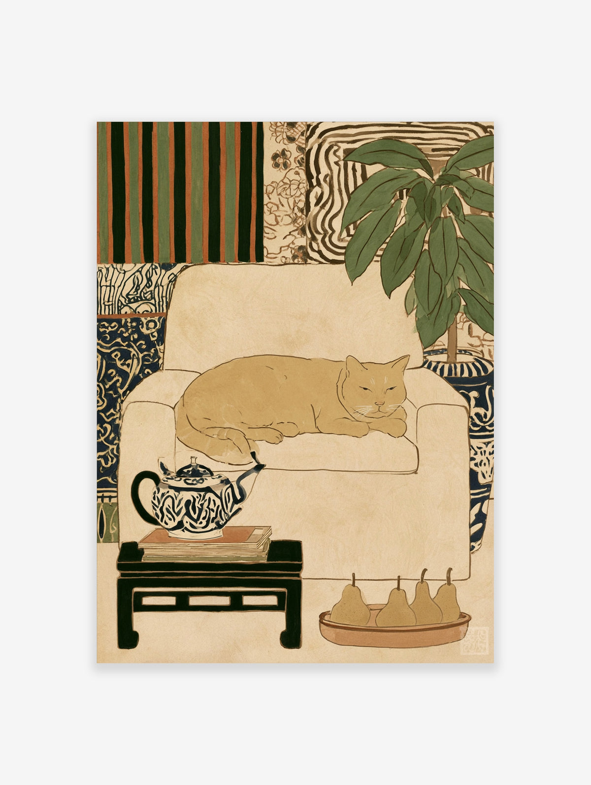 Ginger cat sleeping on cream armchair with teapot and pears, Japanese style art print