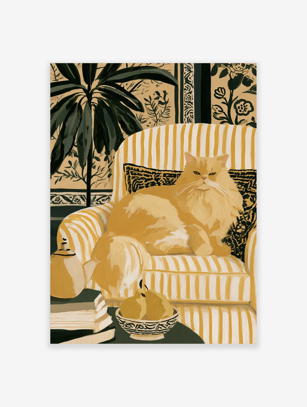 Ginger cat on yellow striped armchair with botanical wallpaper and pears in a bowl