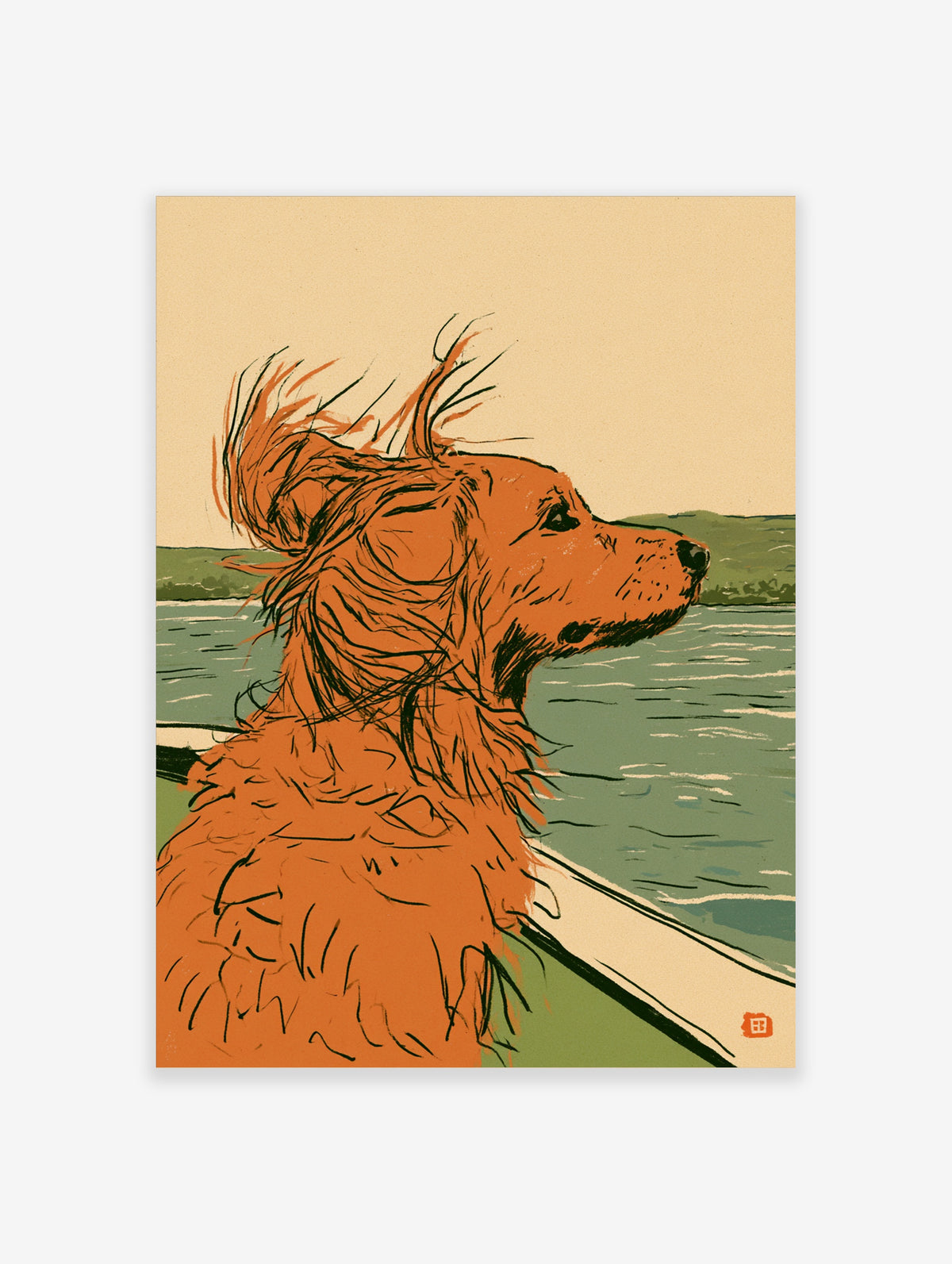 Illustration of a ginger dog looking out from a boat over calm water with green hills in the distance