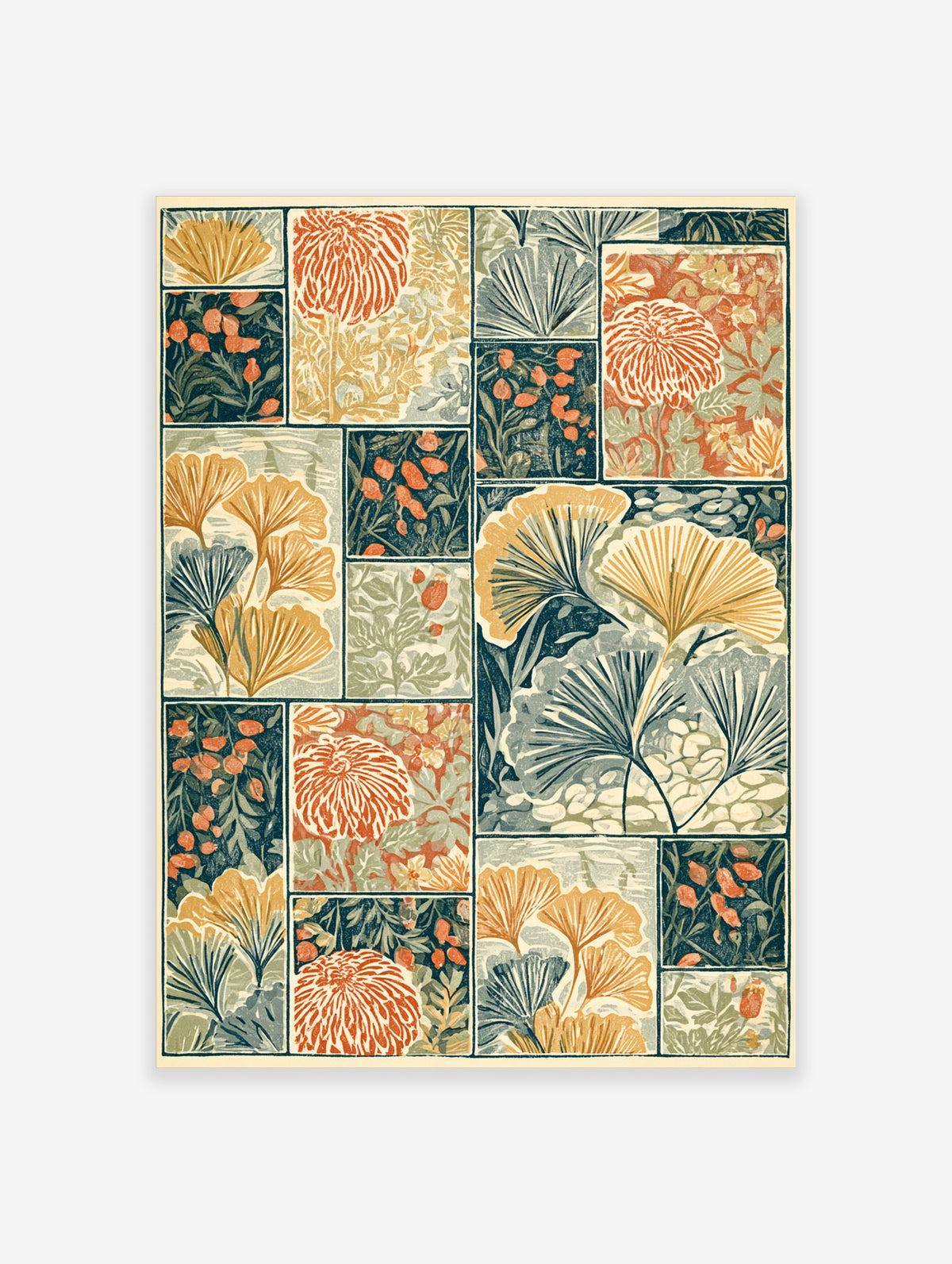 Ginkgo and chrysanthemum botanical art print with teal, gold, and rust patchwork grid