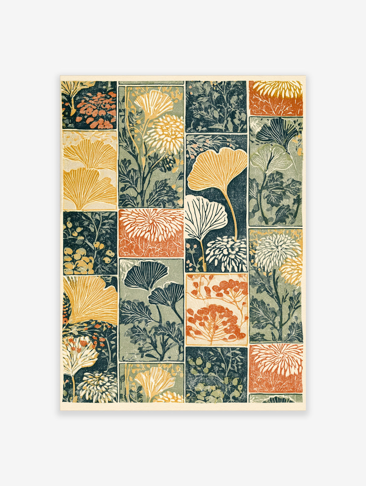 Japanese botanical art print with ginkgo leaves and chrysanthemum flowers in green, gold and rust panels