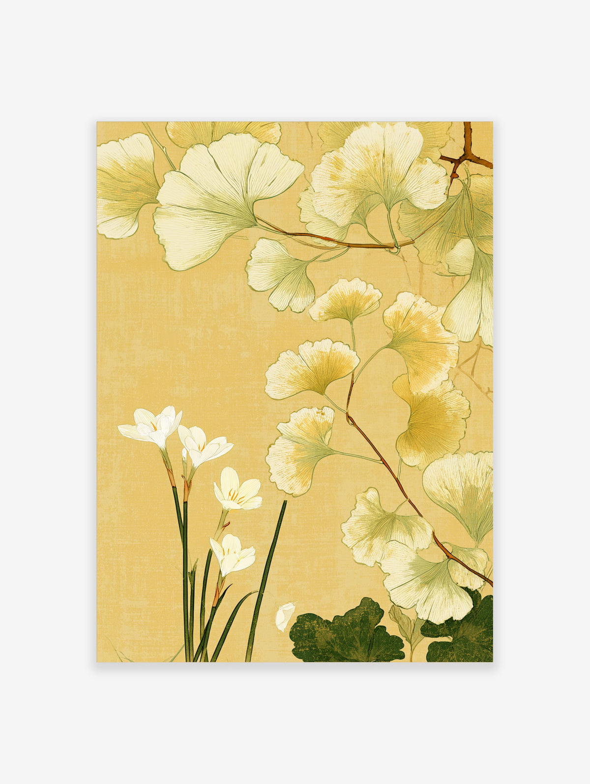 Ginkgo biloba leaves and white crocus flowers on yellow background botanical art print