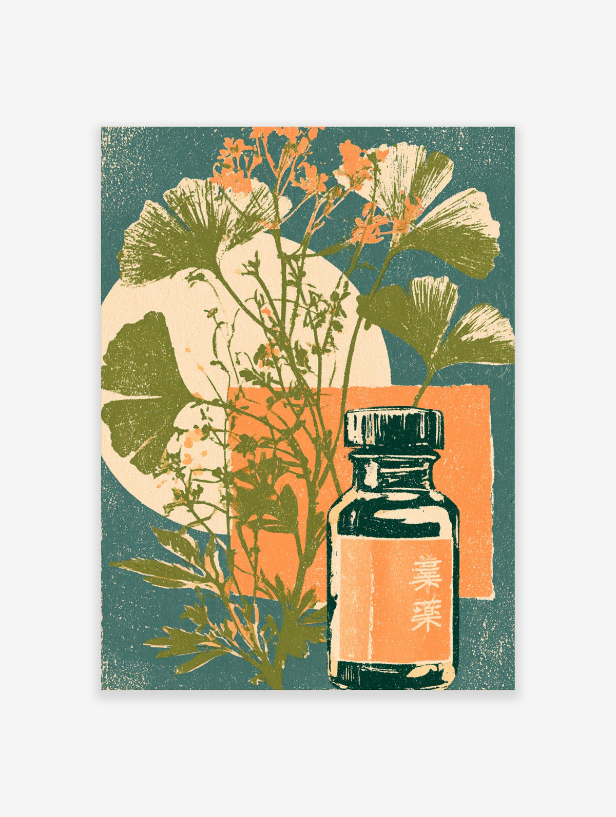 Ginkgo leaf and herb bottle poster with orange blossoms and Japanese kanji label on teal background