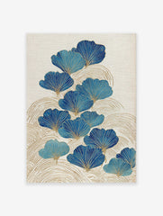 Blue and gold ginkgo leaf botanical art print with wavy gold lines on a textured cream background, embodying Japanese style.