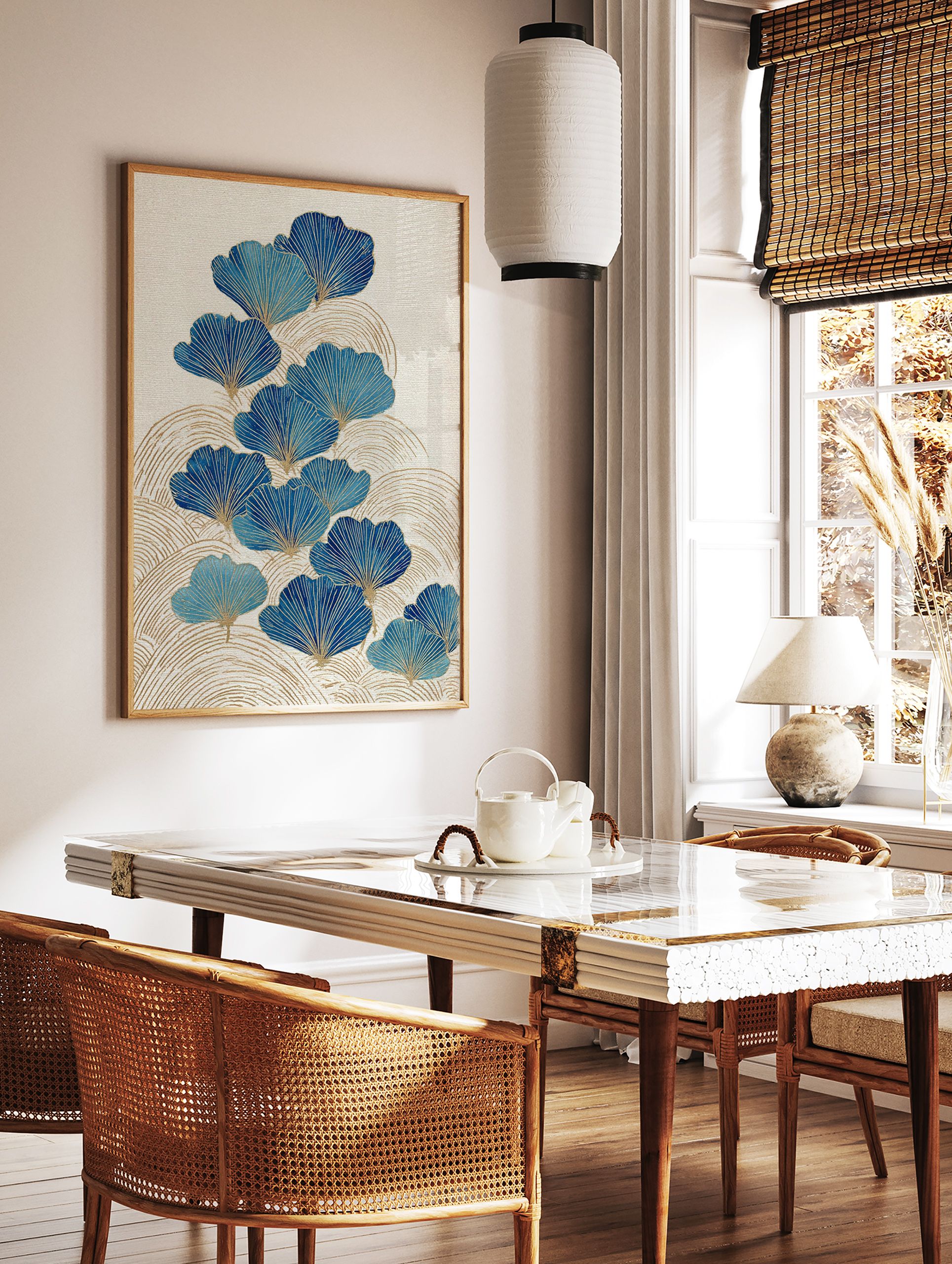 Blue and gold ginkgo leaf botanical art print with wavy gold lines on a textured cream background, embodying Japanese style. - Image 2