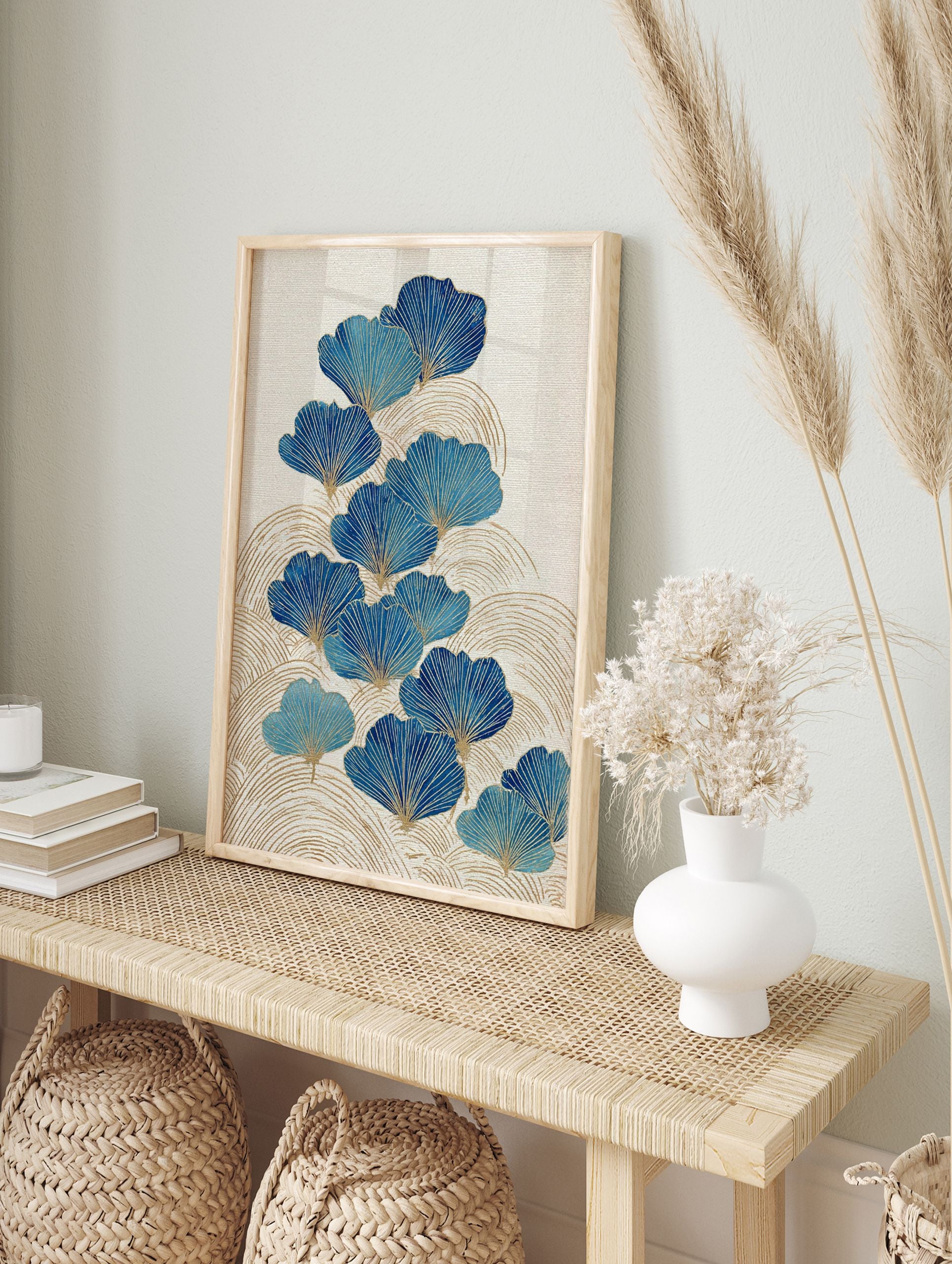 Blue and gold ginkgo leaf botanical art print with wavy gold lines on a textured cream background, embodying Japanese style. - Image 3