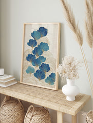 Blue and gold ginkgo leaf botanical art print with wavy gold lines on a textured cream background, embodying Japanese style. - Image 3