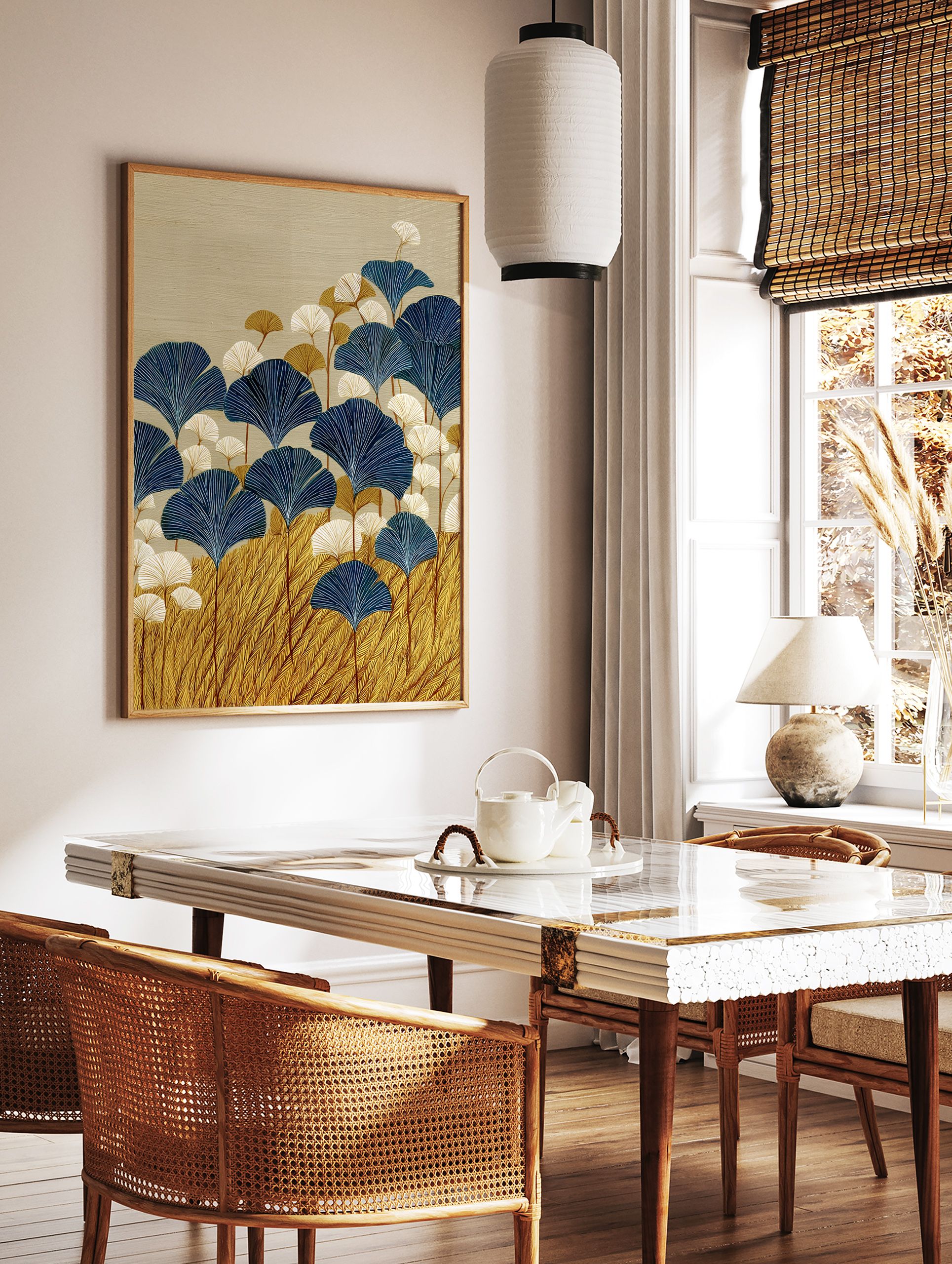 Stylized Ginkgo Leaf Wall Art with deep blue, white, and gold leaves on a textured beige background. - Image 2