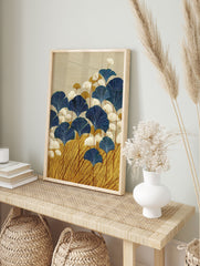 Stylized Ginkgo Leaf Wall Art with deep blue, white, and gold leaves on a textured beige background. - Image 3