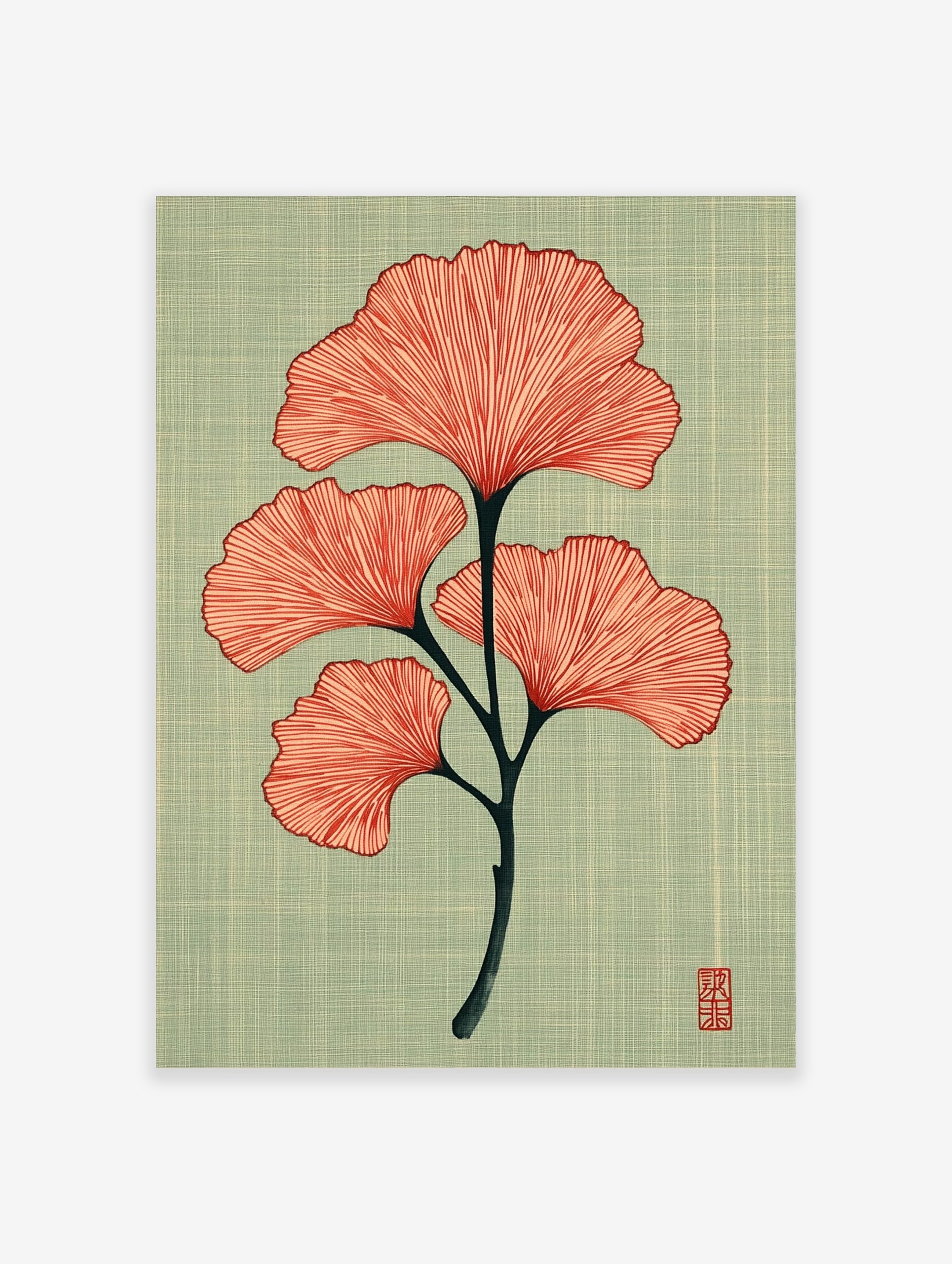 Ginkgo leaf botanical illustration with coral-red leaves and dark stem on textured teal background, portrait orientation