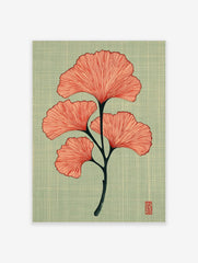 Ginkgo leaf botanical illustration with coral-red leaves and dark stem on textured teal background, portrait orientation