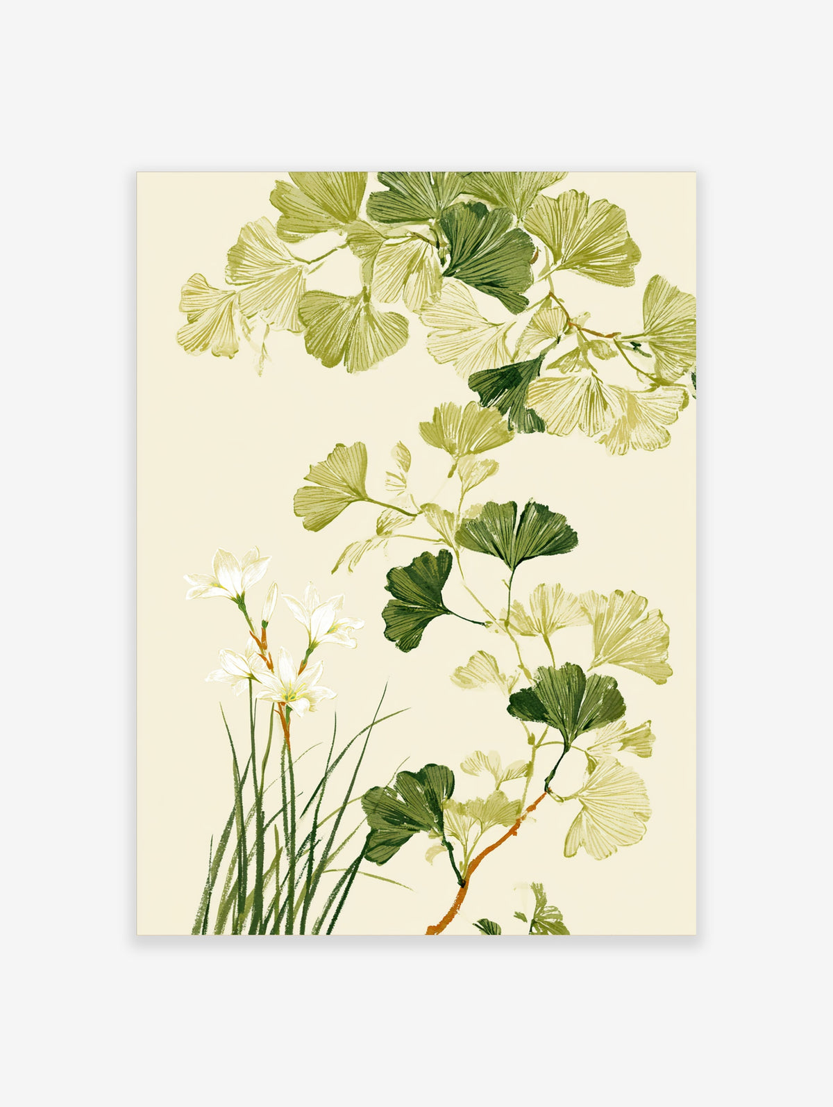 Green ginkgo leaf botanical art print with white freesia flowers on cream background