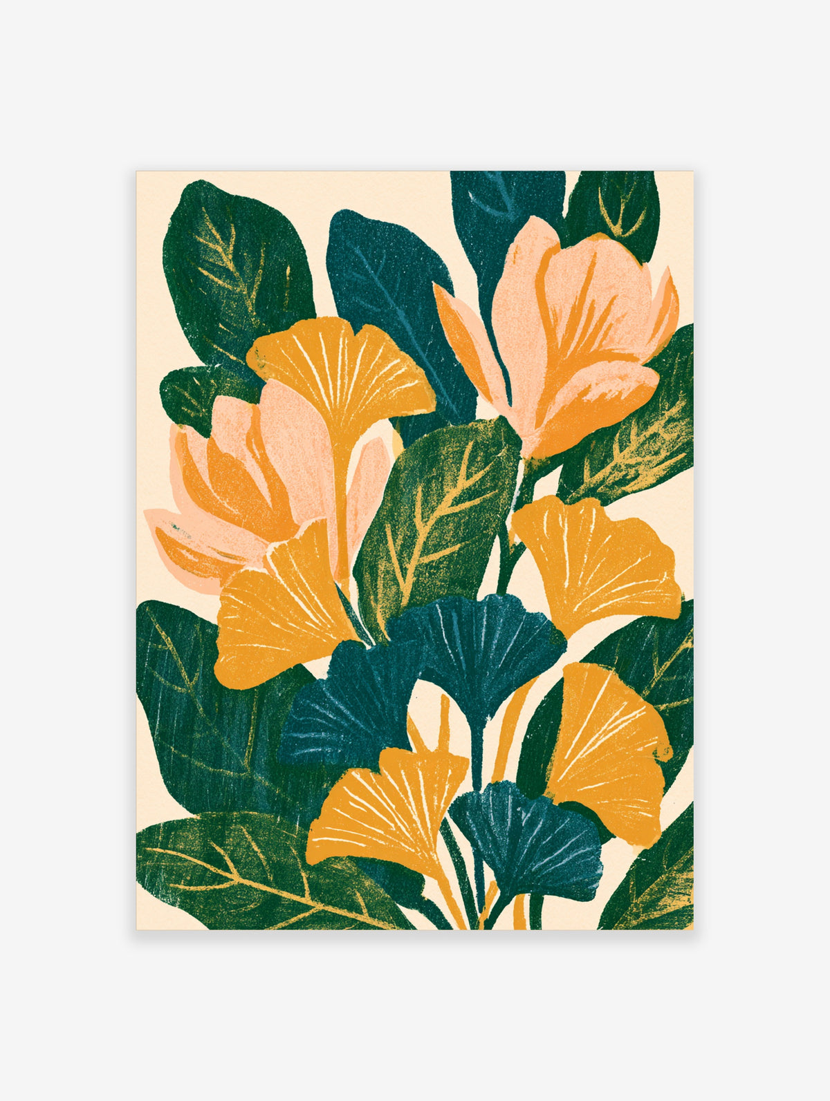 Ginkgo leaf botanical art print with golden leaves and peach flowers on cream background